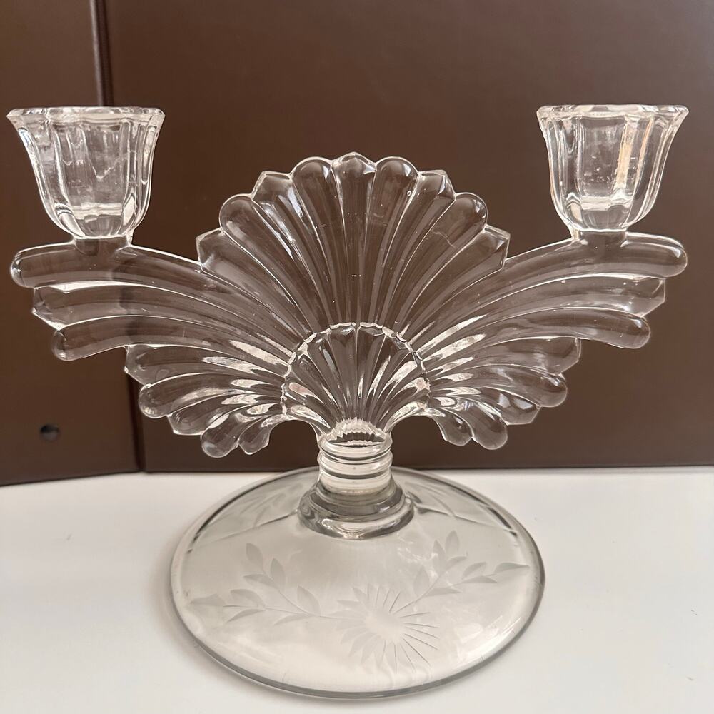 Vtg Imperial Pressed glass MCM Hollywood dual Fan two candle holder floral etch